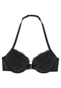 Black underwire bra featuring padded cups with lace trim, a twisted central design, and adjustable straps. Textured side panels add detail.