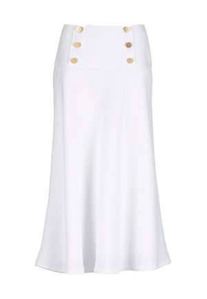 Falda midi blanca de línea A con cintura alta y dos filas verticales de tres botones dorados cerca de la pretina.
