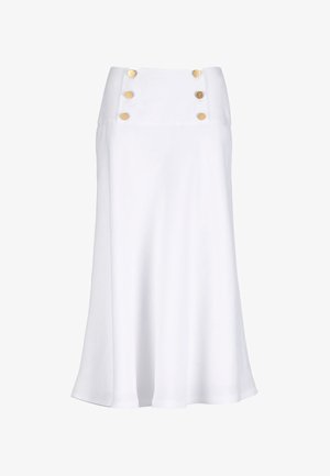 Balta A līnijas midi svārki ar augstu vidukli un divām vertikālām trim zelta pogu rindām pie jostas.