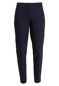 Marinblå skräddarsydda byxor med en polerad yta, med platt front, mittveck och utan synliga fickor eller utsmyckningar.