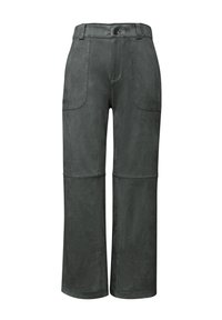 Dark green pants with a smooth suede-like texture, high waist, button closure, and two front pockets. Wide-leg design with a straight fit.