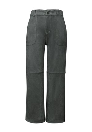 Pantalons vert foncé avec une texture lisse semblable à du daim, taille haute, fermeture à bouton et deux poches avant. Conception à jambes larges avec une coupe droite.