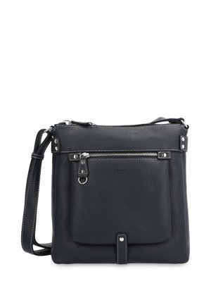 Black textured leather crossbody bag with front zip pocket, adjustable strap, and silver zipper and rivet details on a white background.