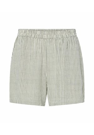 Shorts à taille élastique gris clair avec motif quadrillé noir et poches latérales, présentés à plat sur fond blanc.