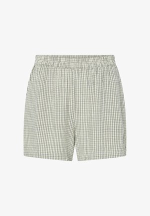 Lysegrå elastiske shorts med sort ternet mønster og sidelommer, vist fladt på hvid baggrund.