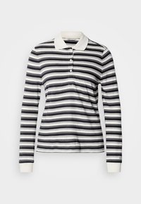 Tricou polo cu mâneci lungi, cu dungi albastre închis și albe, din bumbac, cu pantalon cu trei nasturi și manșete striate. Design clasic al gulerului.