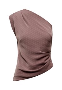 Ασύμμετρο τοπ σε μωβ απόχρωση με έναν ώμο, λεπτές λευκές ρίγες και ντραπαρισμένες λεπτομέρειες σε λείο ύφασμα.