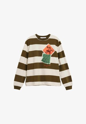 Ilgas rankovėmis dryžuotas džemperis alyvuogių žalios ir kreminės spalvų. Puošia oranžinės ir žalios spalvos grafi diniai lopai su spausdintu personažo dizainu.