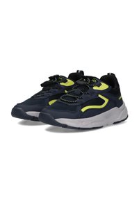 Scarpe da ginnastica navy e nere con dettagli gialli, parte superiore in rete testurizzata, chiusura con lacci e suola spessa bianca con motivi antiscivolo.