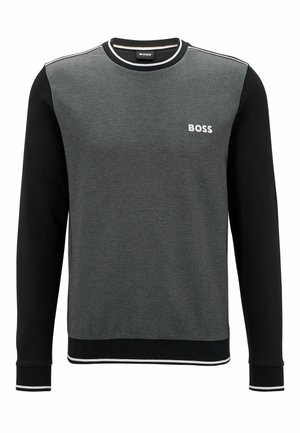 Sweat-shirt homme à manches longues et col rond, devant gris, manches noires, logo blanc "BOSS" sur la poitrine et bordure blanche au col, aux poignets et à l'ourlet.