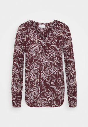 Langarm-Bluse in Burgunderrot mit einem weißen Blumenmuster, V-Ausschnitt und geradem Saum. Aus leichtem, strukturiertem Stoff gefertigt.