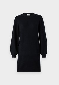 Robe en tricot noire présentant un col rond, de longues manches bouffantes et une coupe décontractée, avec une texture lisse et sans motifs ni accents visibles.