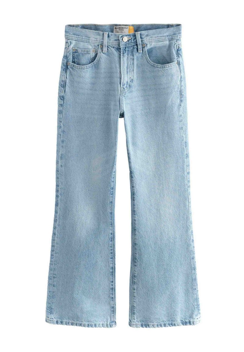 Jasné modré zvonové džínsy vyrobené z denimu, s klasickým dizajnom piatich vreciek, so zipsom a zapínaním na gombík. Viditeľná je textúrovaná tkanina.