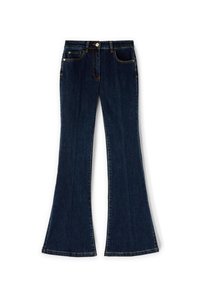 Tmavě modré džíny s rozšířenými nohavicemi, předními a zadními kapsami, zapínáním na knoflík a zip a poutky na opasek.