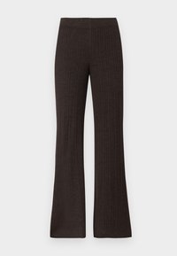 Brown ribbed flared pants with a wide waistband and a textured finish, featuring vertical stripes and a relaxed silhouette.