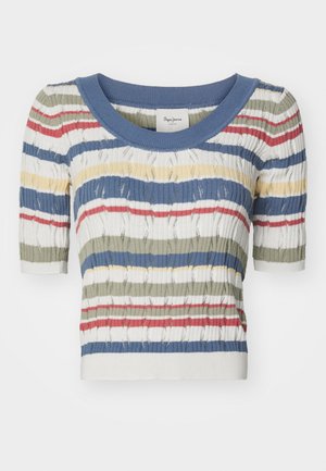 Pleteni skraćeni top s horizontalnim prugama u plavoj, zelenoj, crvenoj, žutoj i bijeloj boji. Kratki rukavi s okruglim izrezom i teksturiranim uzorkom.