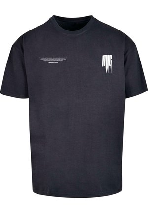 Melnas kokvilnas T-krekls ar īsām piedurknēm, ar baltu tekstu uz priekšpuses un grafisku logotipu uz kreisās krūts. Vienkāršs, brīvs piegriezuma dizains.