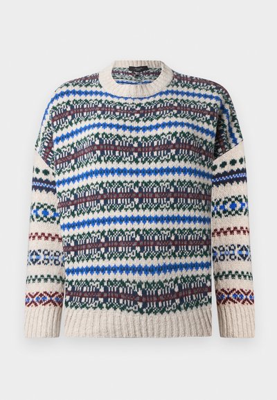 Knitted crewneck sweater with multicolored horizontal Fair Isle patterns in blue, green, maroon, and beige on long sleeves and body.