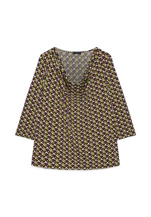 Halenka s dlouhými rukávy s fialovým, olivovým a bílým geometrickým diamantovým vzorem a zkoseným výstřihem.