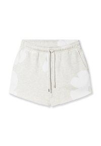 Graue Baumwollshorts mit floralem Muster in Weiß, elastischem Bund mit Zugband, zwei Seitentaschen und weichem Material.