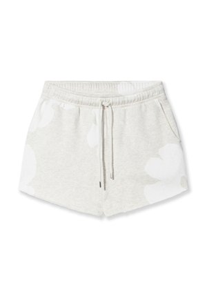 Grijze katoenen shorts met een bloemenpatroon in het wit, elastische tailleband met een trekkoord, voorzien van twee zijzakken en een zachte textuur.