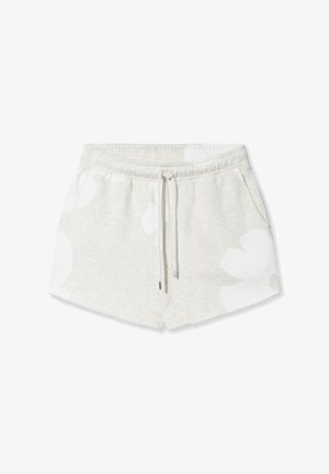 Graue Baumwollshorts mit floralem Muster in Weiß, elastischem Bund mit Zugband, zwei Seitentaschen und weichem Material.