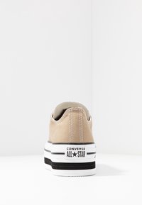 Beige lærreds-sneaker med lav profil, hvid og sort gummisål og "CONVERSE ALL STAR"-branding på hælen. Synlige syningsdetaljer.