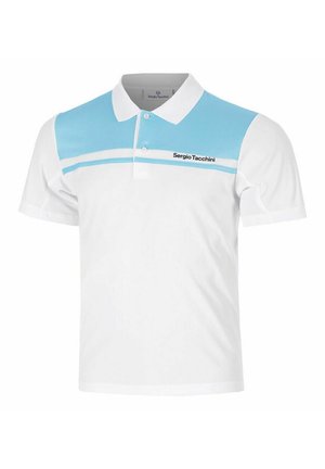 Weißes und hellblaues Poloshirt mit weißem Kragen, zwei Knöpfen und dem "Sergio Tacchini"-Logo auf der oberen Brust.