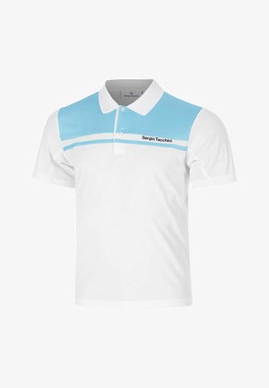 Polo blanc et bleu clair avec un col blanc, deux boutons, et le logo "Sergio Tacchini" sur la poitrine supérieure.