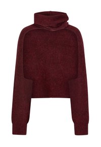 Donkerrode cropped trui met lange mouwen, een losse col en geribbelde manchetten op de mouwen.