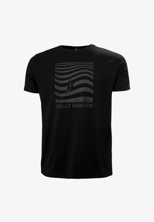 Zwarte katoenen t-shirt met een grafisch ontwerp van golven en een zeilboot in grijstinten, met "HELLY HANSEN" en geografische coördinaten onderaan.