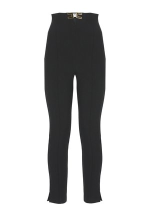 Pantaloni neri aderenti a vita alta con cuciture frontali e fibbia con doppio logo E dorato in vita, caratterizzati da piccole aperture laterali alle caviglie.
