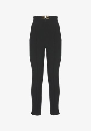 Pantalon noir ajusté taille haute avec coutures avant et boucle logo double E dorée à la taille, doté de petites fentes sur les côtés aux chevilles.