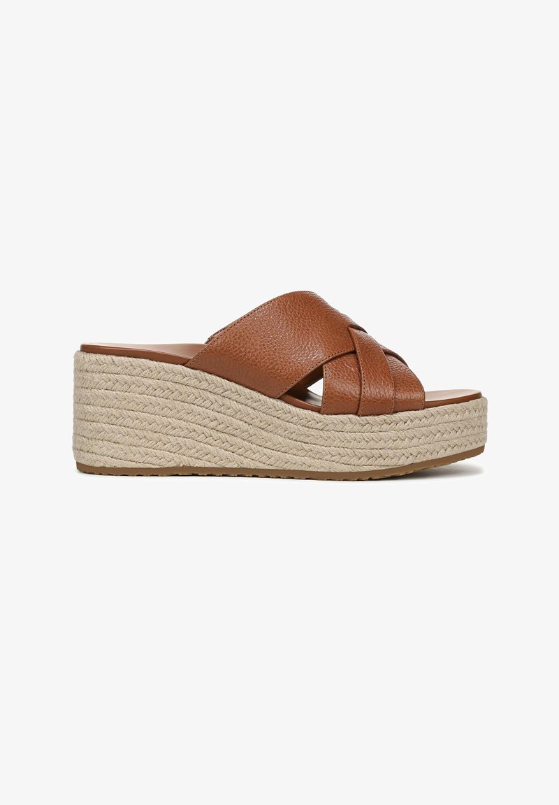 Brown leather wedge sandals with a crisscross strap design and a textured, woven jute platform. The outsole is rubber for traction.