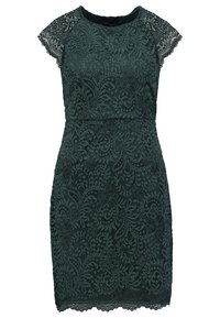 Robe verte courte en dentelle avec de courtes manches à volante, motif floral, silhouette cintrée et détail de bordure festonnée. Le tissu texturé ajoute de la dimension.