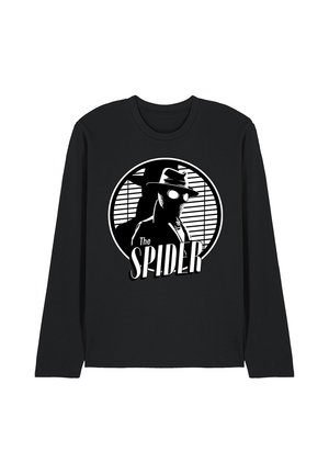 Schwarzes Langarmshirt mit einer weißen Grafik einer mysteriösen Person, die einen Hut und eine Brille trägt, mit dem Text "The Spider" unter der Figur.