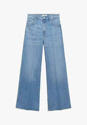 Svetlo modri traper široki hlače z visokim pasom, sprednjimi žepi in čistim zaključkom, ki se ponašajo z mehkimi teksturami in ravnim krojem.