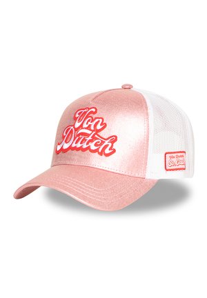 Rosa Satin Von Dutch Baseballcap mit weißem Mesh-Rücken, roten und weißen bestickten Logos vorne und an der Seite.