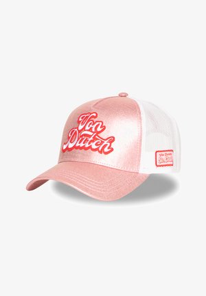 Casquette de baseball en satin rose Von Dutch avec un dos en mesh blanc, logos brodés rouges et blancs à l'avant et sur le côté.