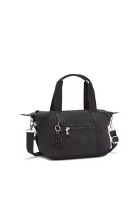 Black nylon handbag with sturdy fabric handles, adjustable shoulder strap, silver hardware, and a front zip pocket. Circular logo detail.