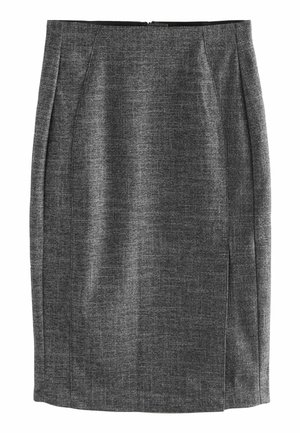 Gray pencil skirt made of textured fabric with subtle plaid pattern. Features a mid-rise waist and back zipper closure.