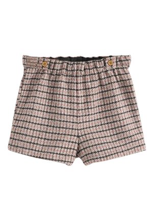 Shorts femme taille haute avec motif à carreaux rose et marron, taille élastique et deux boutons en bois à l'avant.