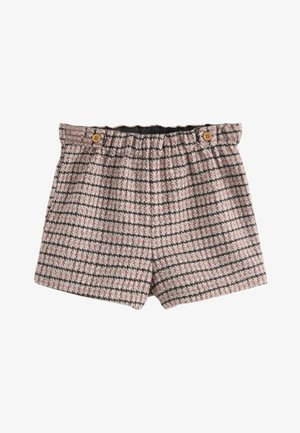 Shorts femme taille haute avec motif à carreaux rose et marron, taille élastique et deux boutons en bois à l'avant.