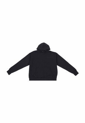 Felpa nera con cappuccio realizzata in tessuto morbido, caratterizzata da una tasca a marsupio frontale, polsini e orlo a costine, e un cappuccio con coulisse per una vestibilità regolabile.