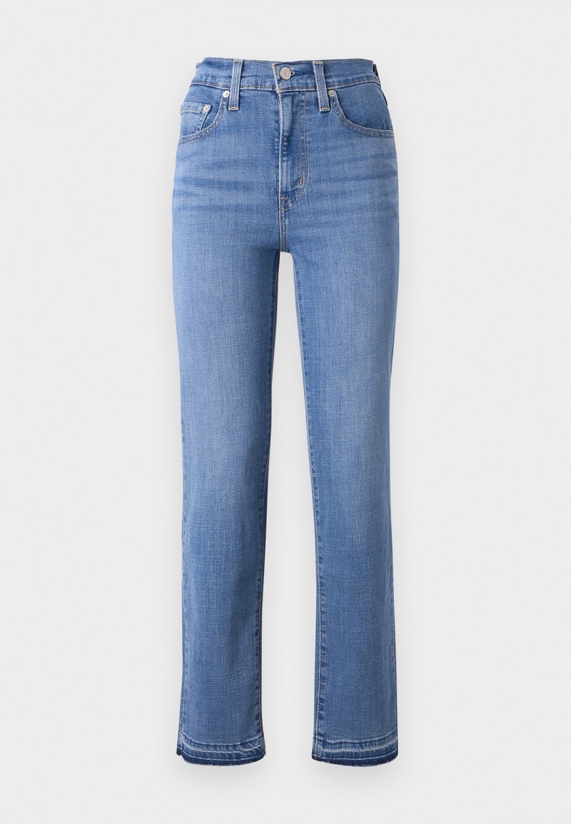 Hellblaue Jeans aus Denim mit hoher Taille, geradem Bein, kontrastierenden Nähten und einem leichten Fransen am Saum.