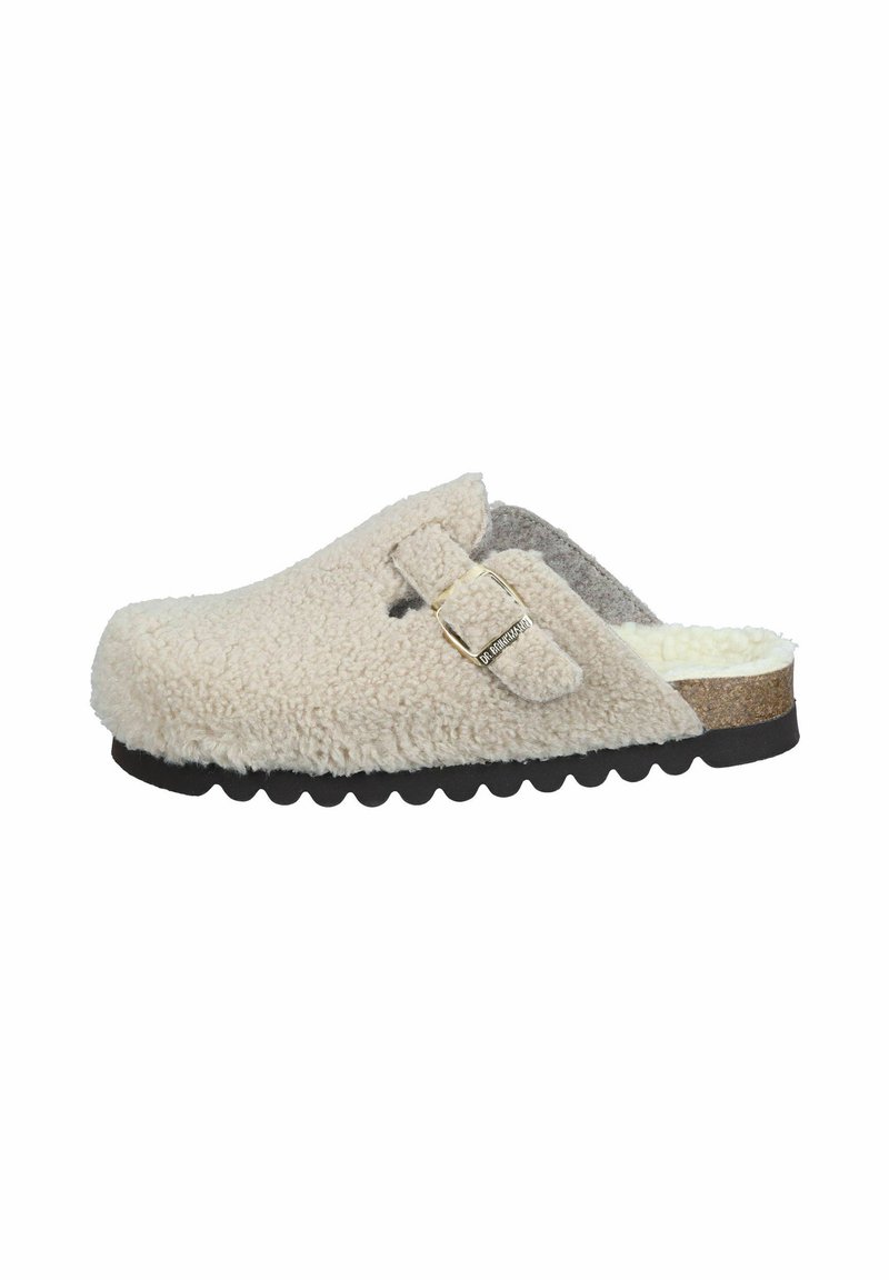 Light beige fur-lined clog featuring a soft texture, cork footbed, adjustable strap with metallic buckle, and a textured rubber sole.