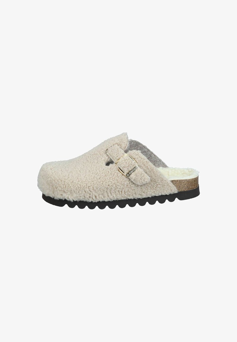 Light beige fur-lined clog featuring a soft texture, cork footbed, adjustable strap with metallic buckle, and a textured rubber sole.