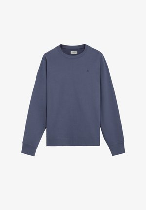 Sudadera azul marino con cuello redondo, mangas largas y un pequeño logo en el pecho. Tejido suave con puños y bajo acanalados.