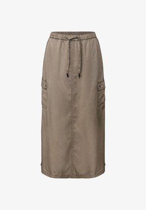 Taupe knee-length skirt with elastic waistband, front drawstring, and flap cargo pockets on both sides.