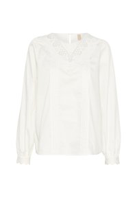 Bílá bavlněná blůza s dlouhými rukávy, výstřihem do V, krajkovými detaily kolem výstřihu a manžet, s vertikálními sklady na přední straně.